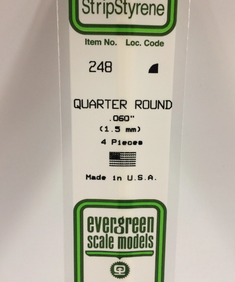 Evergreen Scale Models Evergreen 248 - .060" (1.5MM) X 14" OPAQUE WHITE POLYSTYRENE QUARTER ROUND (4) Pack