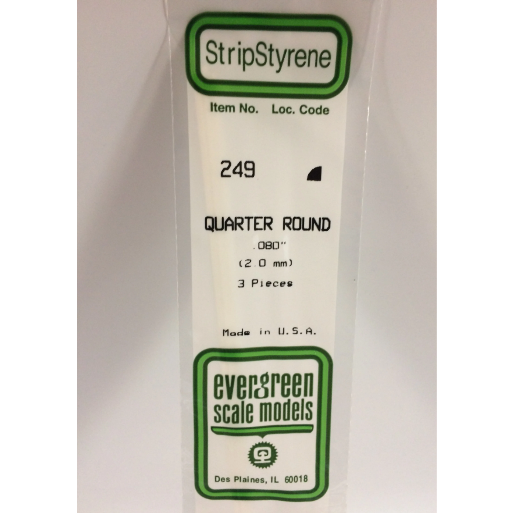 Evergreen Scale Models Evergreen 249 - .080" (2.0MM) X 14" OPAQUE WHITE POLYSTYRENE QUARTER ROUND (3) Pack