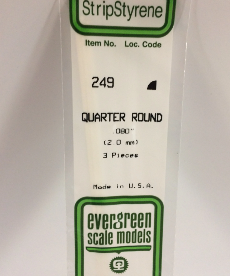 Evergreen Scale Models Evergreen 249 - .080" (2.0MM) X 14" OPAQUE WHITE POLYSTYRENE QUARTER ROUND (3) Pack