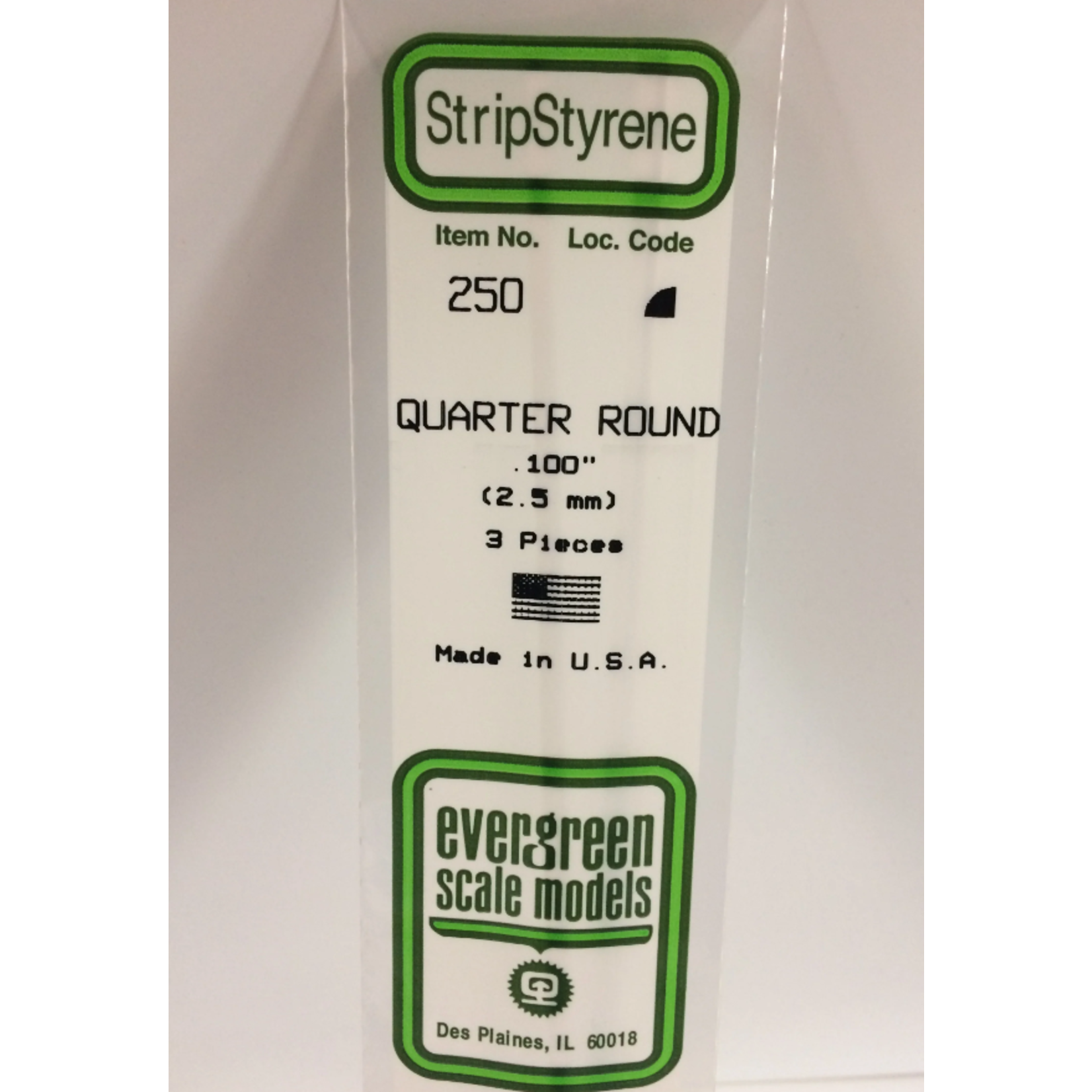 Evergreen Scale Models Evergreen 250 - .100" (2.5MM) X 14" OPAQUE WHITE POLYSTYRENE QUARTER ROUND (3) Pack