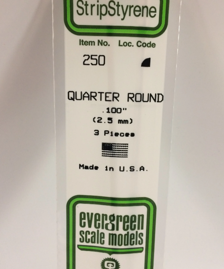 Evergreen Scale Models Evergreen 250 - .100" (2.5MM) X 14" OPAQUE WHITE POLYSTYRENE QUARTER ROUND (3) Pack
