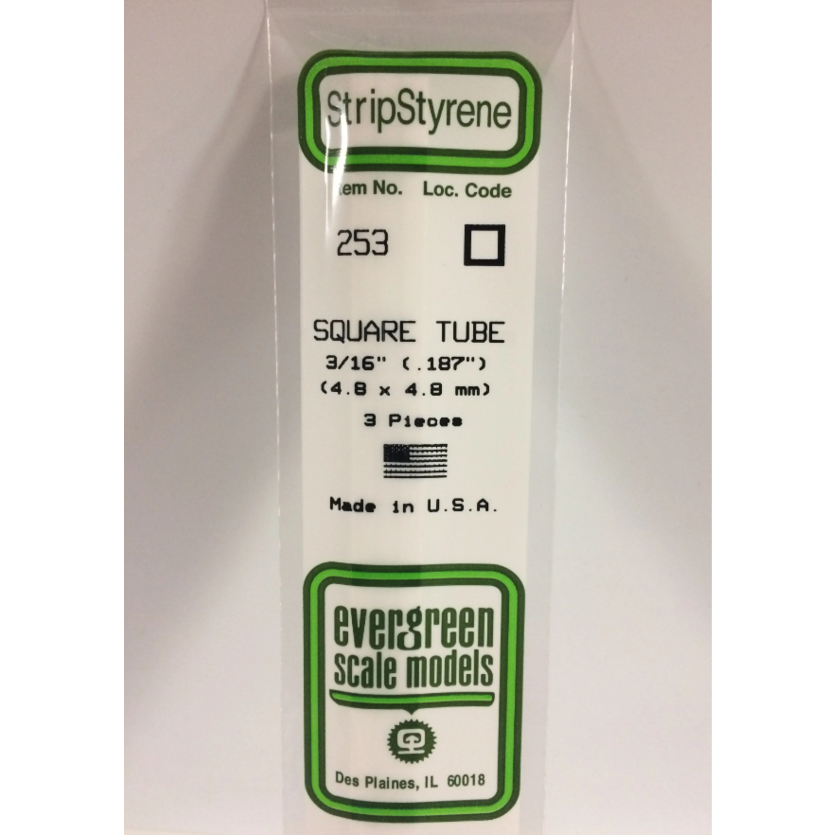 Evergreen Scale Models Evergreen 253 - .188" (4.8MM) X 14" OPAQUE WHITE POLYSTYRENE SQUARE TUBING (3) Pack