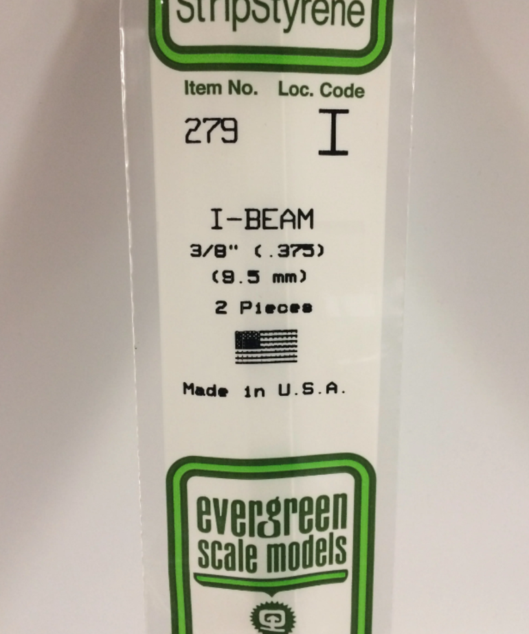Evergreen Scale Models Evergreen 279 - .375" (9.5MM) X 14" OPAQUE WHITE POLYSTYRENE I-BEAM (2) Pack