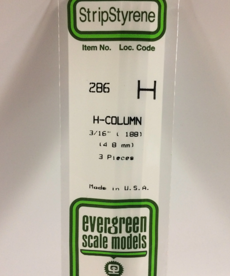 Evergreen Scale Models Evergreen 286 - .188" (4.8MM) X 14" OPAQUE WHITE POLYSTYRENE H-COLUMN (3) Pack