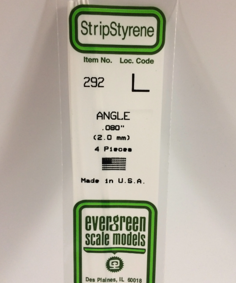 Evergreen Scale Models Evergreen 292 - .080" (2.0MM) X 14" OPAQUE WHITE POLYSTYRENE ANGLE (4) Pack