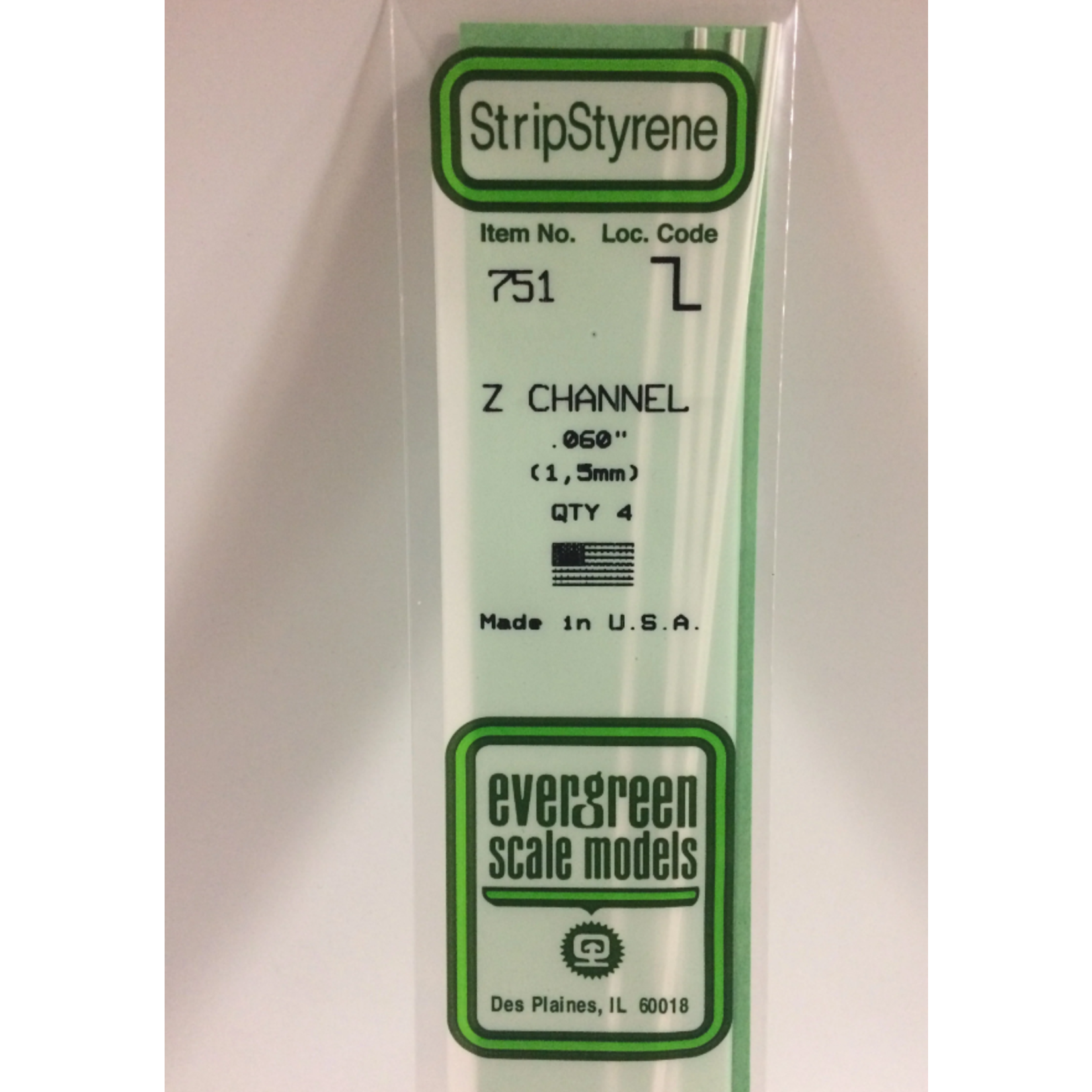 Evergreen Scale Models Evergreen 751 - .060" (1.5MM) X 14" OPAQUE WHITE POLYSTYRENE Z-CHANNEL (4) Pack