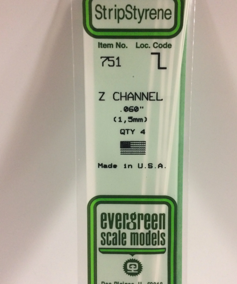 Evergreen Scale Models Evergreen 751 - .060" (1.5MM) X 14" OPAQUE WHITE POLYSTYRENE Z-CHANNEL (4) Pack