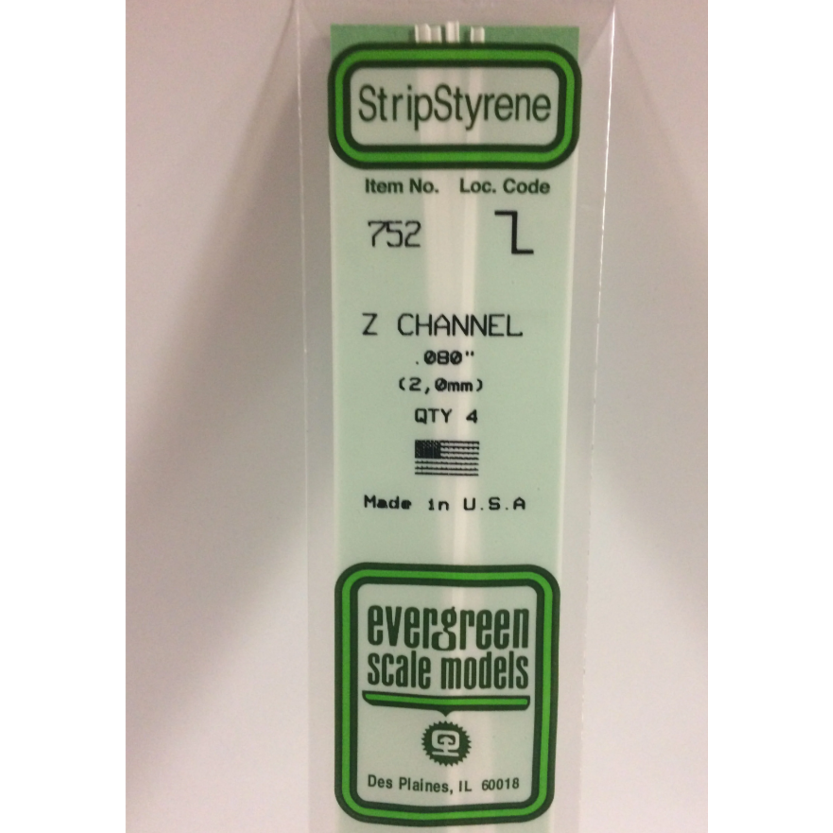 Evergreen Scale Models Evergreen 752 - .080" (2.0MM) X 14" OPAQUE WHITE POLYSTYRENE Z-CHANNEL (4) Pack