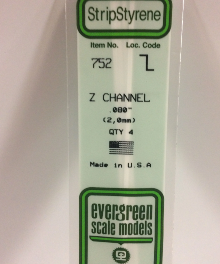 Evergreen Scale Models Evergreen 752 - .080" (2.0MM) X 14" OPAQUE WHITE POLYSTYRENE Z-CHANNEL (4) Pack