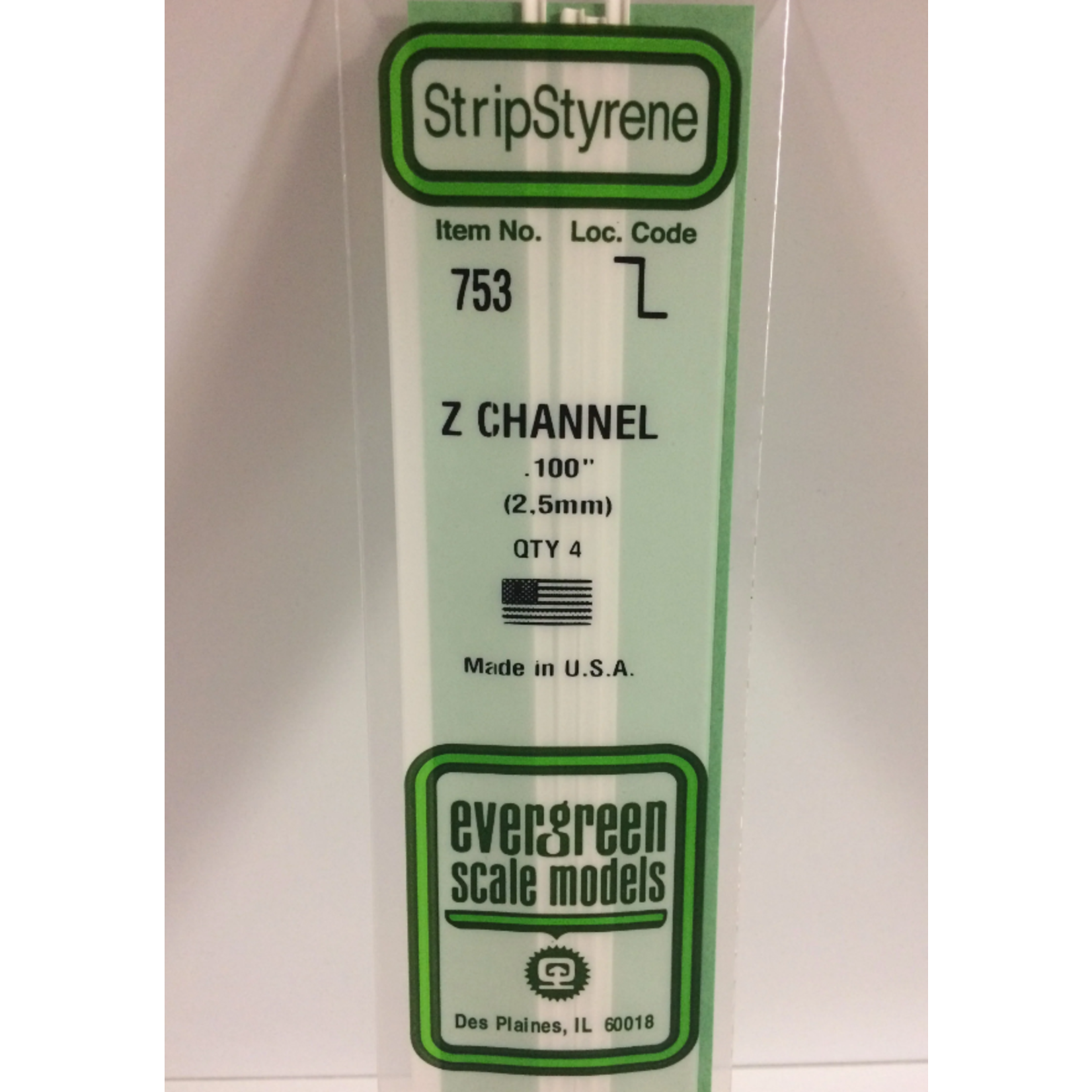 Evergreen Scale Models Evergreen 753 - .100" (2.5MM) X 14" OPAQUE WHITE POLYSTYRENE Z-CHANNEL (4) Pack
