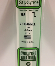 Evergreen Scale Models Evergreen 753 - .100" (2.5MM) X 14" OPAQUE WHITE POLYSTYRENE Z-CHANNEL (4) Pack