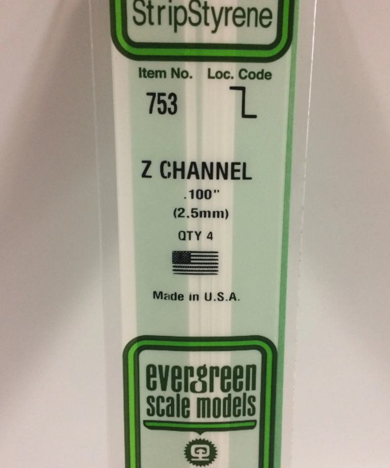 Evergreen Scale Models Evergreen 753 - .100" (2.5MM) X 14" OPAQUE WHITE POLYSTYRENE Z-CHANNEL (4) Pack