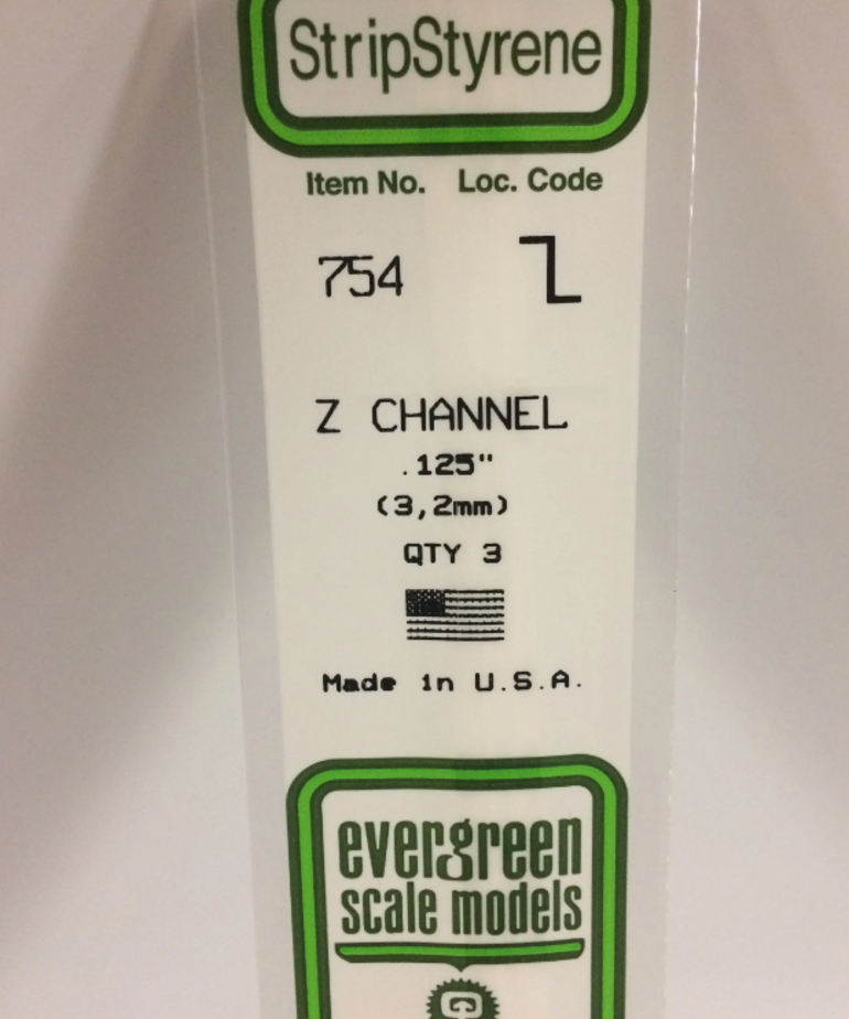 Evergreen Scale Models Evergreen 754 - .125" (3.2MM) X 14" OPAQUE WHITE POLYSTYRENE Z-CHANNEL (3) Pack