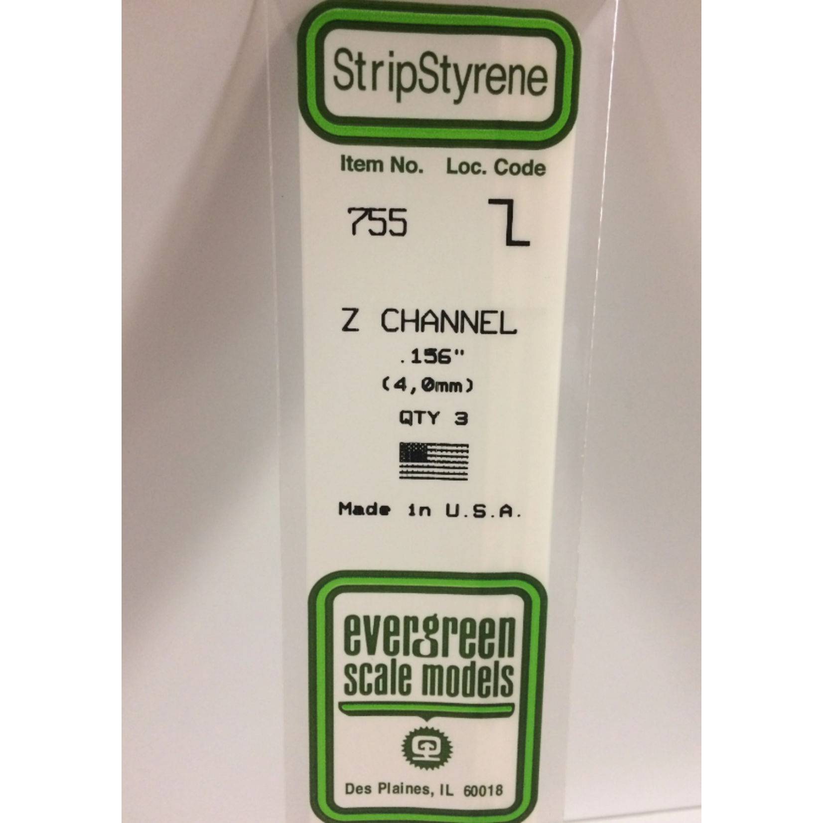 Evergreen Scale Models Evergreen 755 - .156" (4.0MM) X 14" OPAQUE WHITE POLYSTYRENE Z-CHANNEL (3) Pack