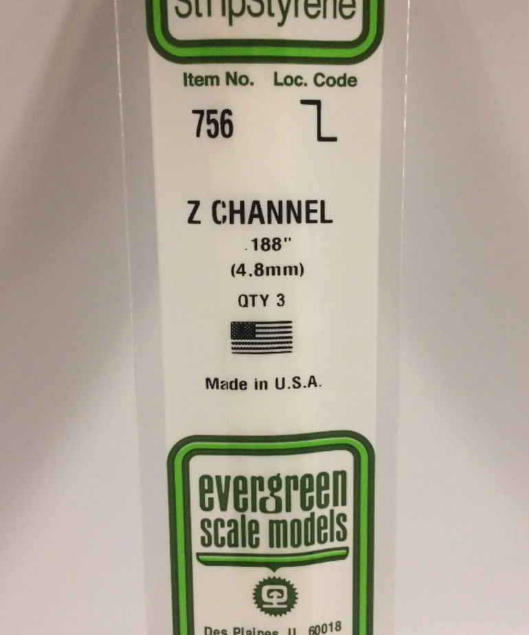 Evergreen Scale Models Evergreen 756 - .188" (4.8MM) X 14" OPAQUE WHITE POLYSTYRENE Z-CHANNEL (3) Pack
