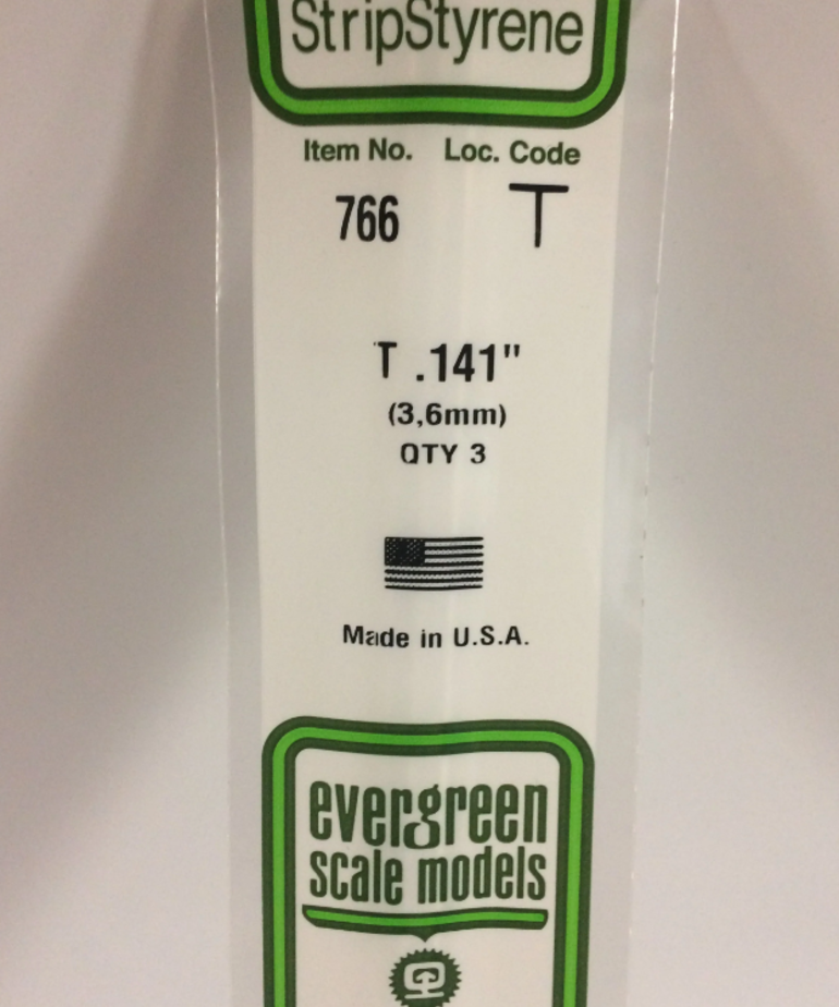 Evergreen Scale Models Evergreen 766 - .141" (3.6MM) X 14" OPAQUE WHITE POLYSTYRENE T-SHAPE (3) Pack