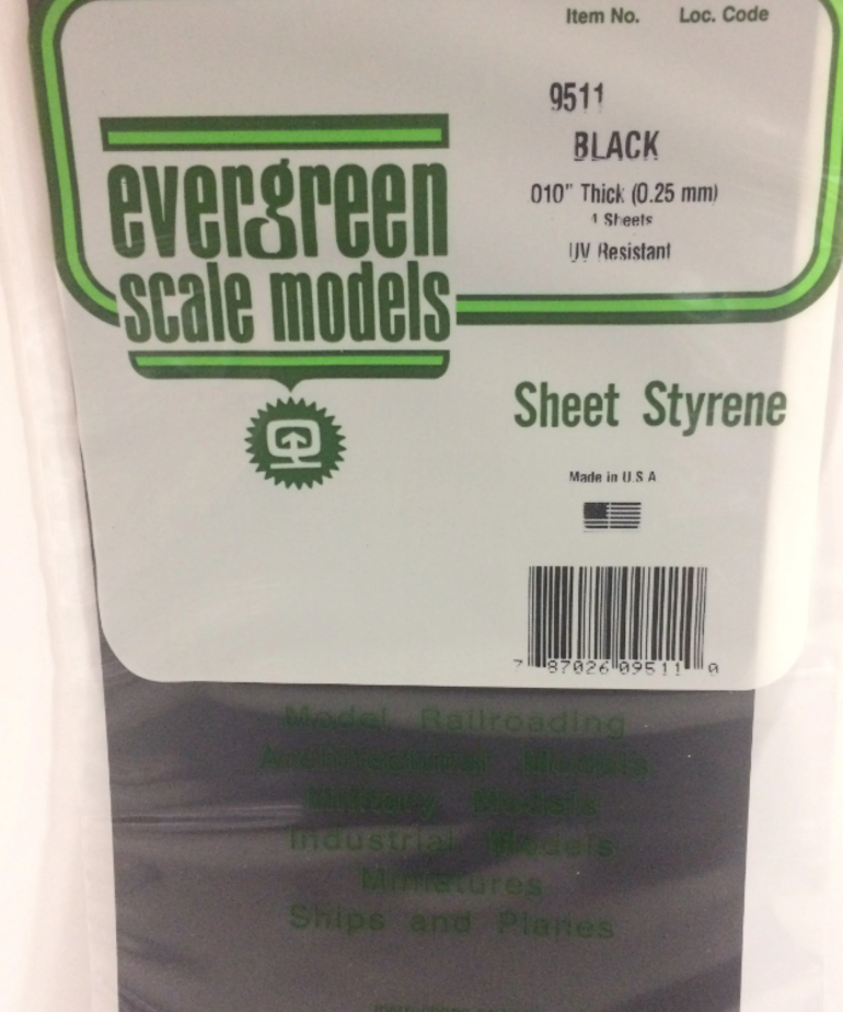 Evergreen Scale Models Evergreen 9511 - .010" (.25MM) X 6" X 12" PLAIN OPAQUE BLACK POLYSTYRENE SHEET E (4) Pack