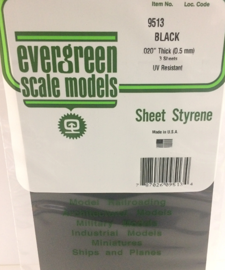 Evergreen Scale Models Evergreen 9513 - .020" (.50MM) X 6" X 12" PLAIN OPAQUE BLACK POLYSTYRENE SHEET E (3) Pack