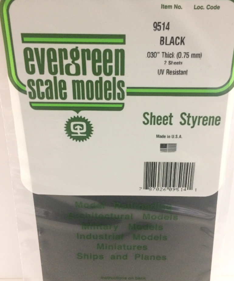 Evergreen Scale Models Evergreen 9514 - .030" (.75MM) X 6" X 12" PLAIN OPAQUE BLACK POLYSTYRENE SHEET E (2) Pack