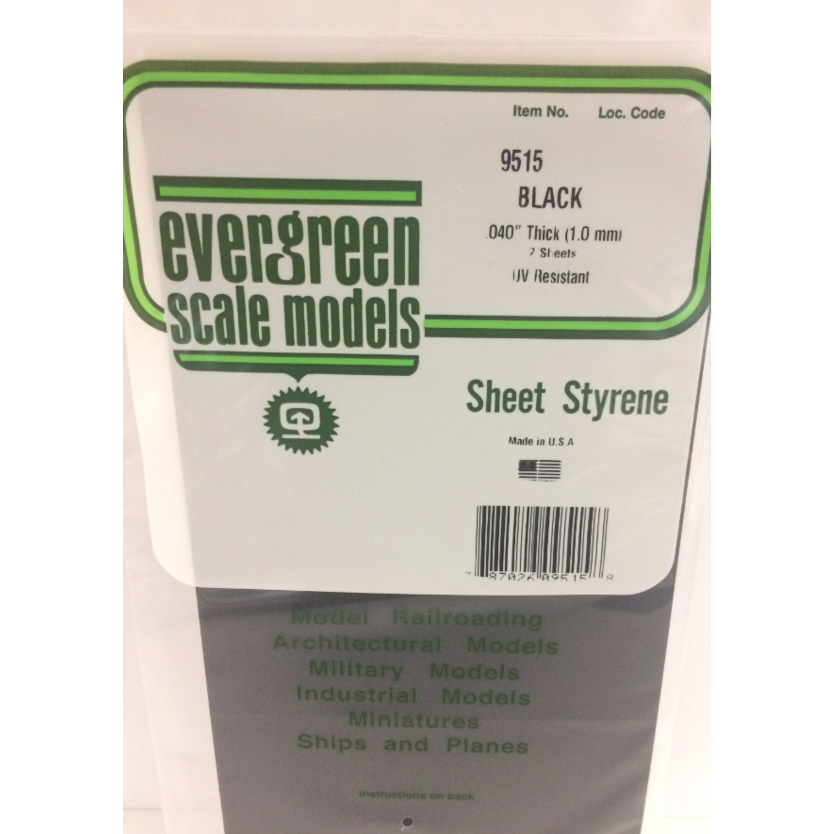 Evergreen Scale Models Evergreen 9515 - .040" (1.0MM) X 6" X 12" PLAIN OPAQUE BLACK POLYSTYRENE SHEET E (2) Pack