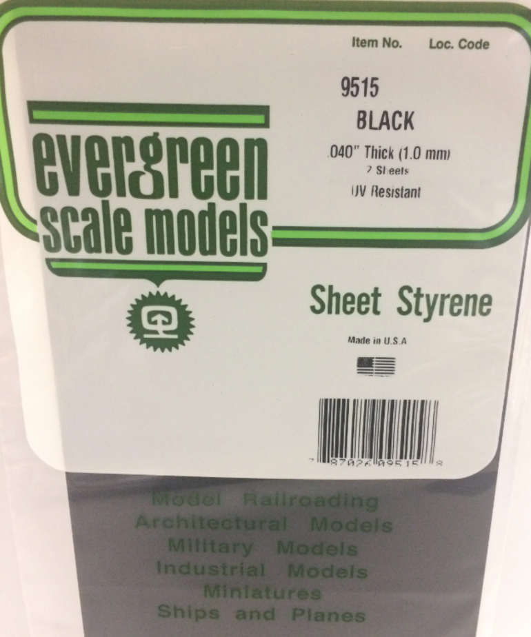 Evergreen Scale Models Evergreen 9515 - .040" (1.0MM) X 6" X 12" PLAIN OPAQUE BLACK POLYSTYRENE SHEET E (2) Pack