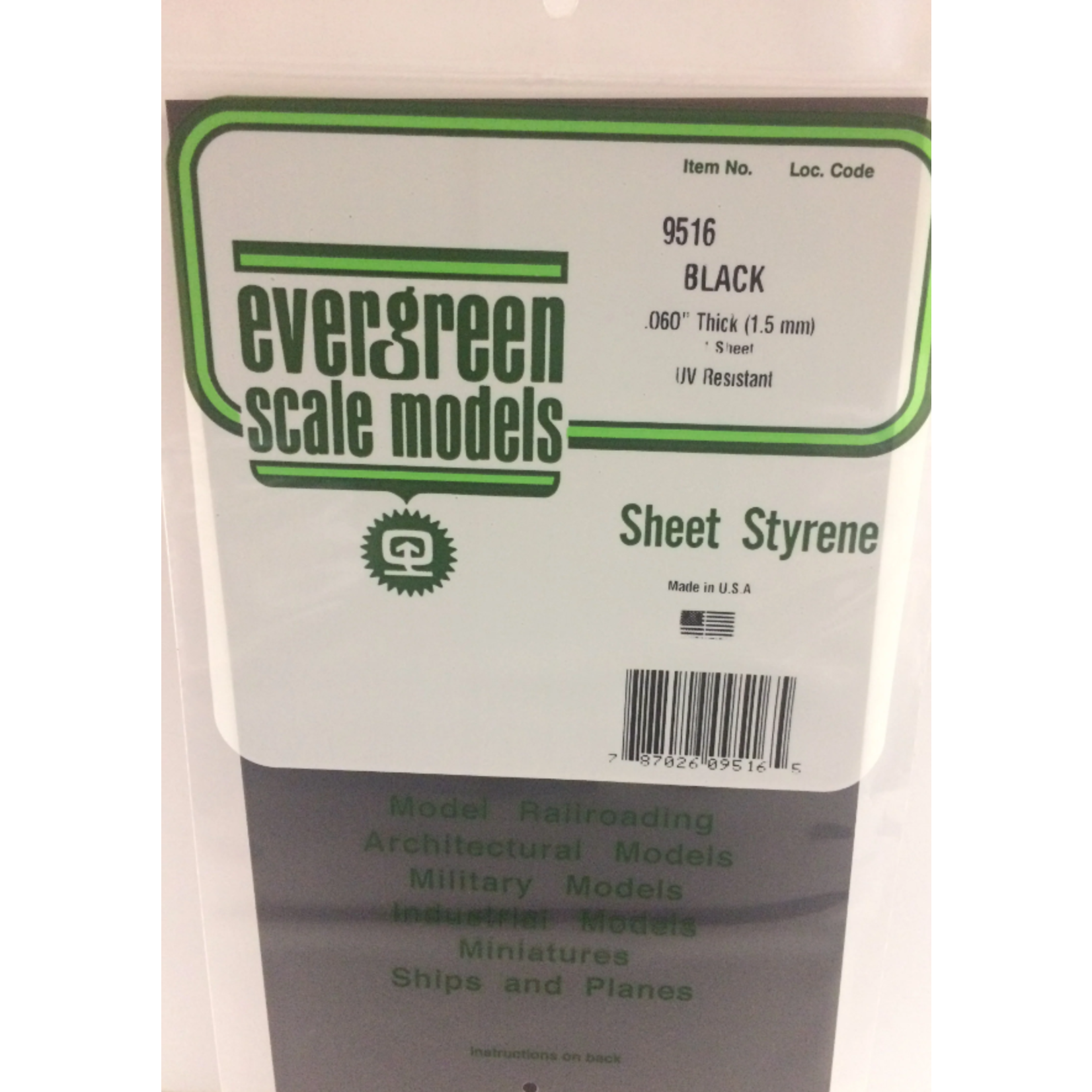 Evergreen Scale Models Evergreen 9516 - .060" (1.5MM) X 6" X 12" PLAIN OPAQUE BLACK POLYSTYRENE SHEET E (1) Pack