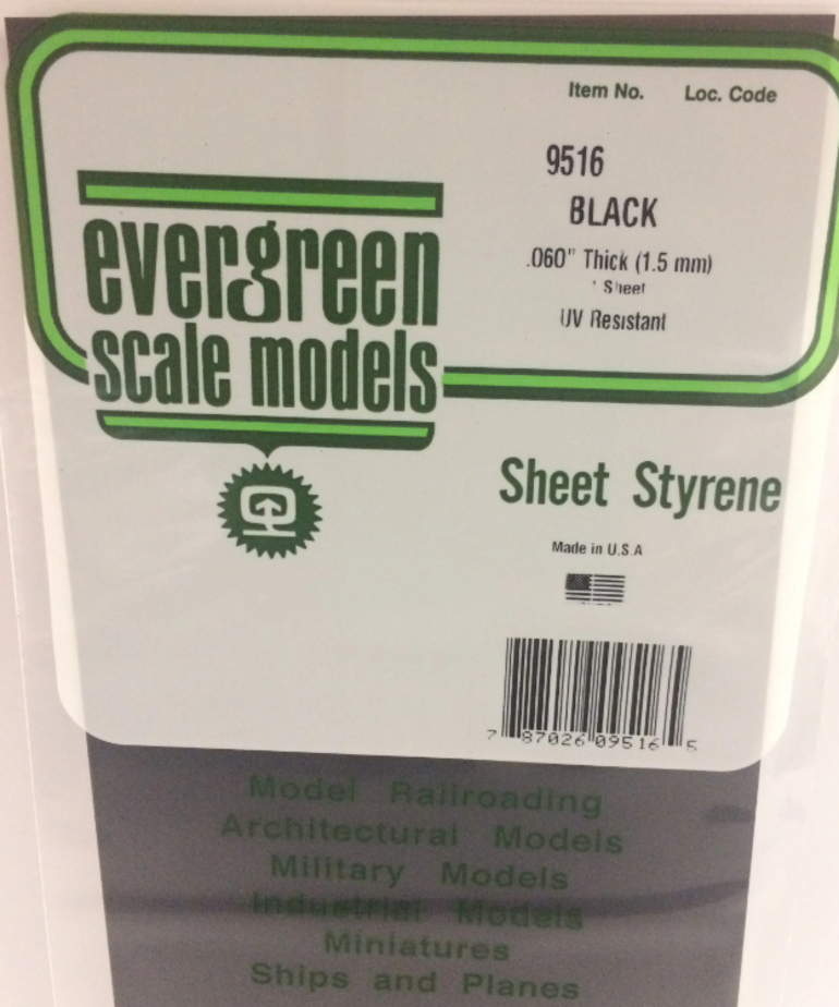 Evergreen Scale Models Evergreen 9516 - .060" (1.5MM) X 6" X 12" PLAIN OPAQUE BLACK POLYSTYRENE SHEET E (1) Pack