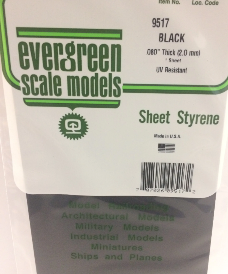 Evergreen Scale Models Evergreen 9517 - .080" (2.0MM) X 6" X 12" PLAIN OPAQUE BLACK POLYSTYRENE SHEET E (1) Pack