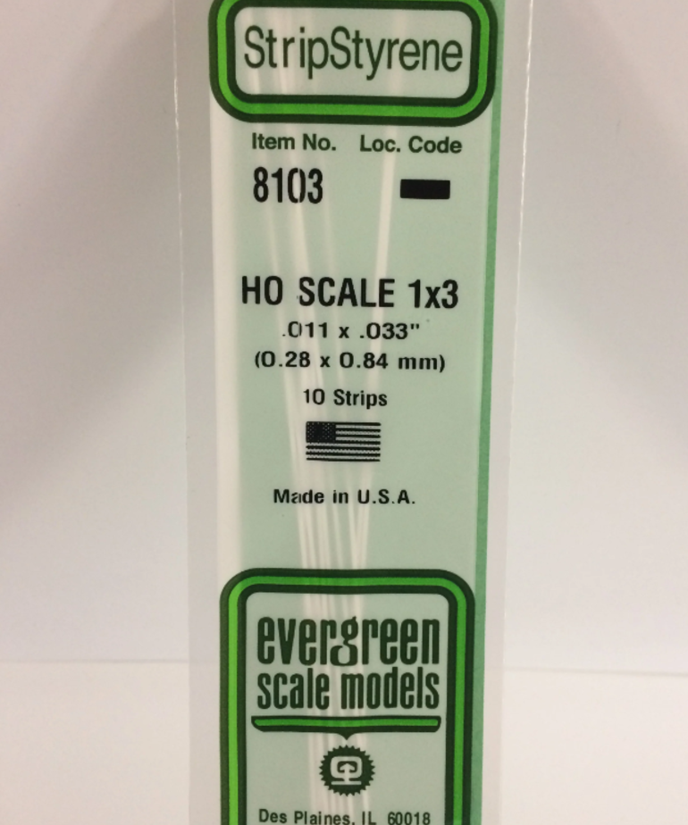 Evergreen Scale Models Evergreen 8103 - .011" X .033" X 14 OPAQUE WHITE POLYSTYRENE HO SCALE STRIPS 1X3 (10) Pack