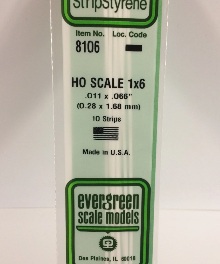 Evergreen Scale Models Evergreen 8106 - .011" X .066" X 14 OPAQUE WHITE POLYSTYRENE HO SCALE STRIPS 1X6 (10) Pack