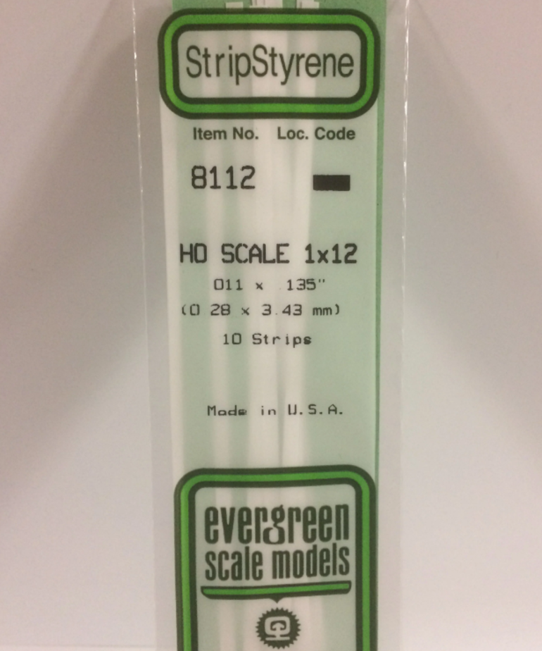 Evergreen Scale Models Evergreen 8112 - .011" X .135" / .3MM X 3.4MM X 14 OPAQUE WHITE POLYSTYRENE HO SCALE STRIPS 1X10 (10) Pack