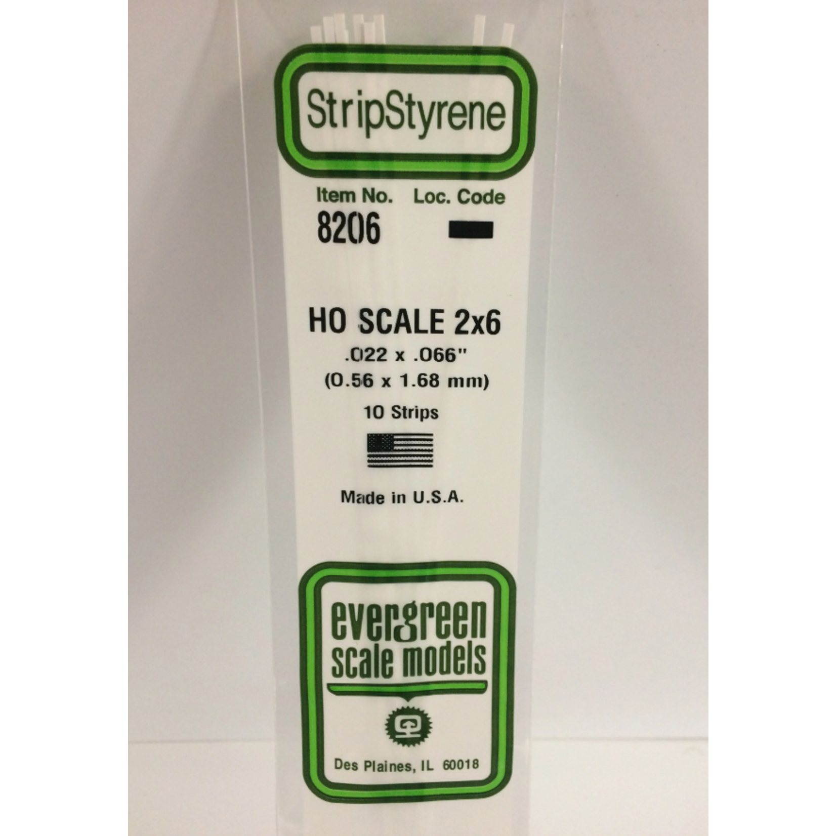 Evergreen Scale Models Evergreen 8206 - .022" X .066" / .6MM X 1.7MM X 14 OPAQUE WHITE POLYSTYRENE HO SCALE STRIPS 2X6 (10) Pack