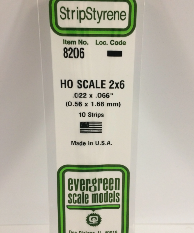 Evergreen Scale Models Evergreen 8206 - .022" X .066" / .6MM X 1.7MM X 14 OPAQUE WHITE POLYSTYRENE HO SCALE STRIPS 2X6 (10) Pack