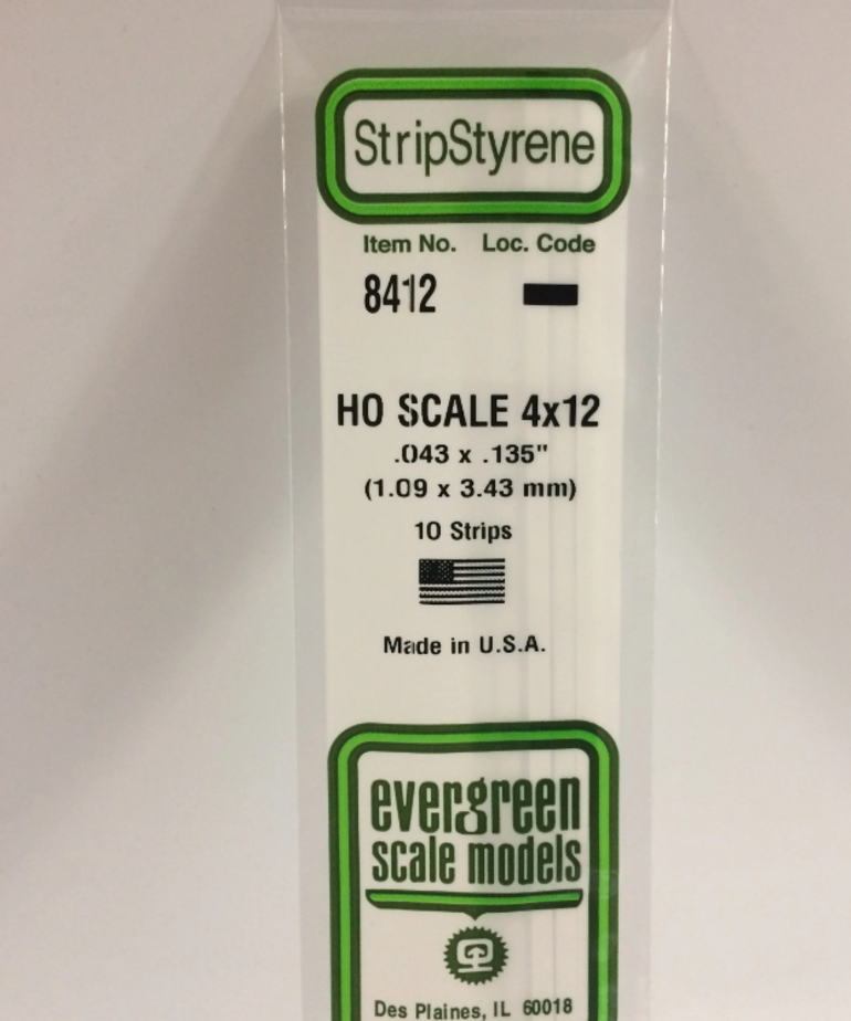 Evergreen Scale Models Evergreen 8412 - .043" X .135" / 1.1MM X 3.4MM X 14 OPAQUE WHITE POLYSTYRENE HO SCALE STRIPS 4X12 (10) Pack
