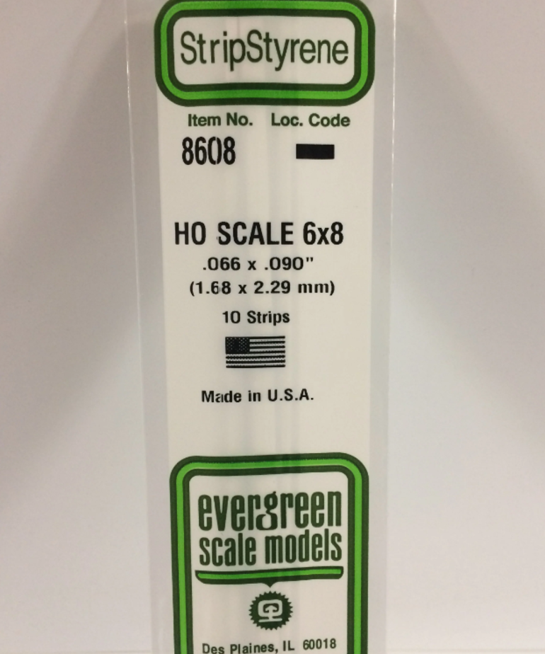 Evergreen Scale Models Evergreen 8608 - .066" X .090" / 1.7MM X 2.3MM X 14 OPAQUE WHITE POLYSTYRENE HO SCALE STRIPS 6X8 (10) Pack
