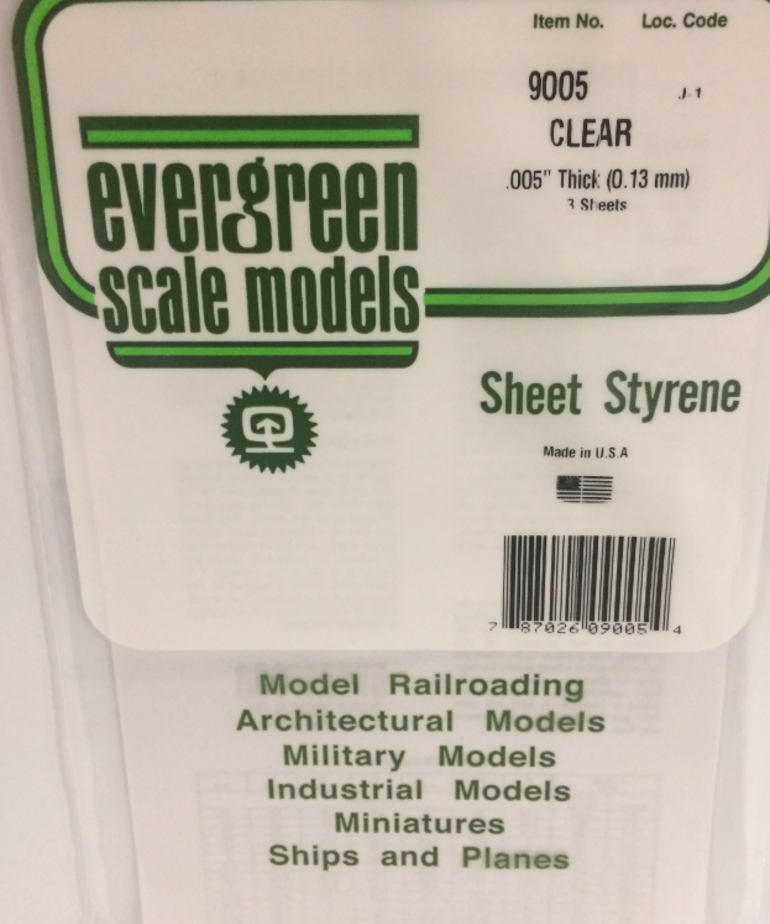 Evergreen Scale Models Evergreen 9005 - .005" X 6" X 12" CLEAR ORIENTED POLYSTYRENE (3) SHEETS