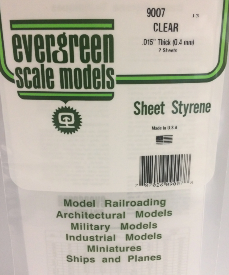Evergreen Scale Models Evergreen 9007 - .015" X 6" X 12" CLEAR ORIENTED POLYSTYRENE (2) SHEETS