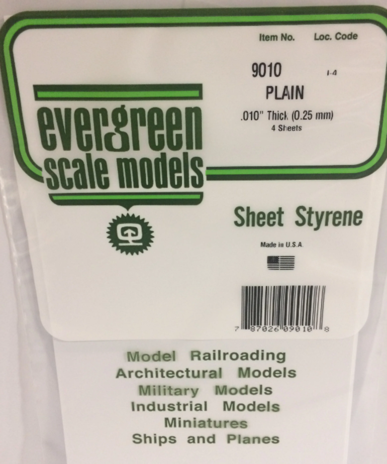 Evergreen Scale Models Evergreen 9010 - .010" (.25MM) X 6" X 12" PLAIN OPAQUE WHITE POLYSTYRENE (4) SHEETS