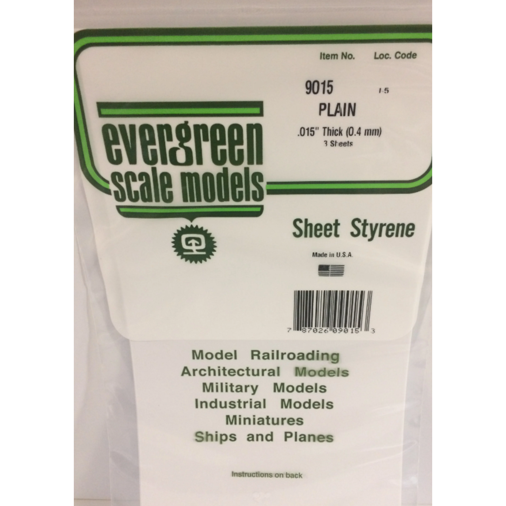 Evergreen Scale Models Evergreen 9015 - .015" (.38MM) X 6" X 12" PLAIN OPAQUE WHITE POLYSTYRENE (3) SHEETS