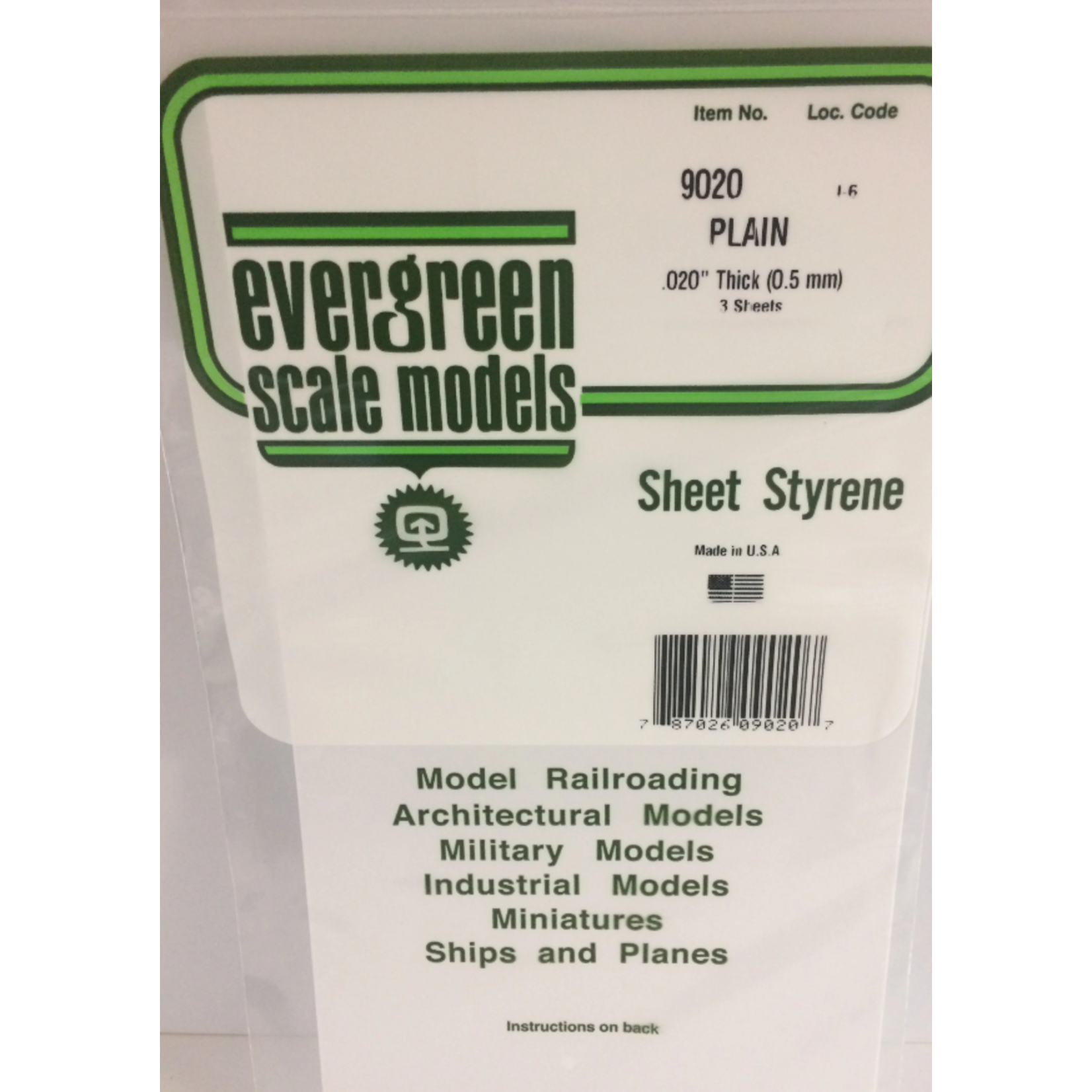 Evergreen Scale Models Evergreen 9020 - .020" (.50MM) X 6" X 12" PLAIN OPAQUE WHITE POLYSTYRENE (3) SHEETS