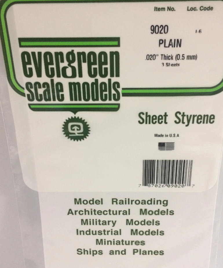 Evergreen Scale Models Evergreen 9020 - .020" (.50MM) X 6" X 12" PLAIN OPAQUE WHITE POLYSTYRENE (3) SHEETS