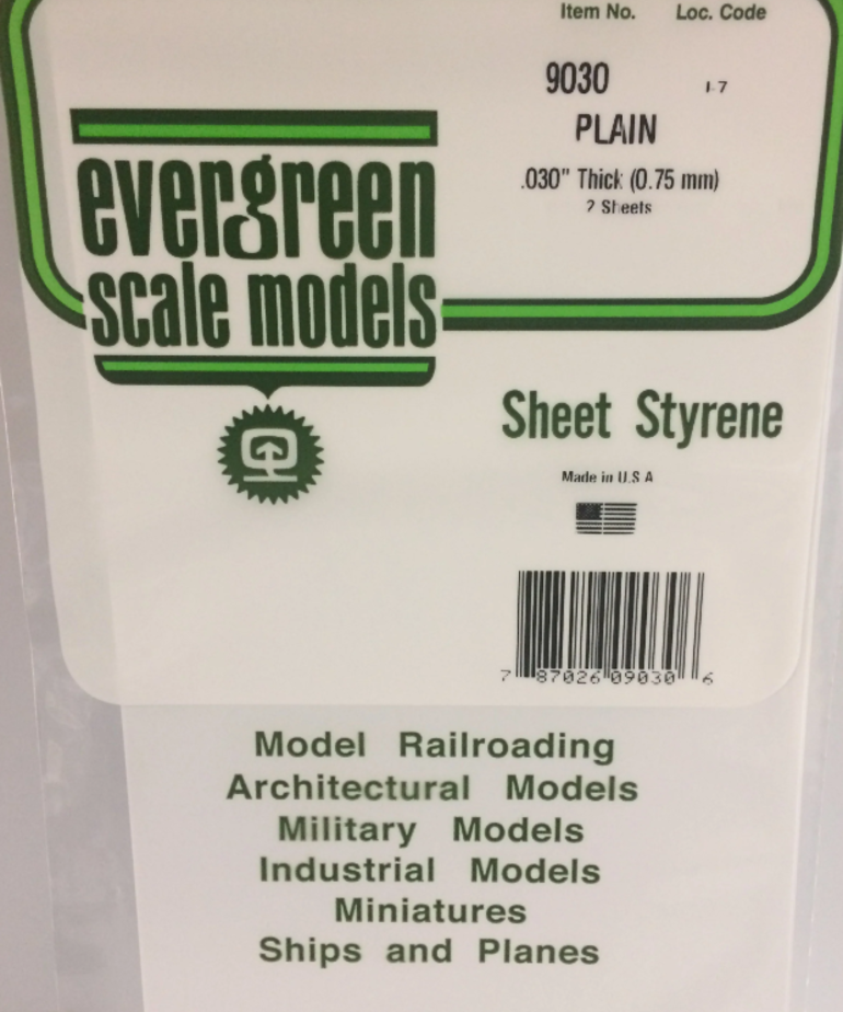 Evergreen Scale Models Evergreen 9030 - .030" (.75MM) X 6" X 12" PLAIN OPAQUE WHITE POLYSTYRENE (2) SHEETS
