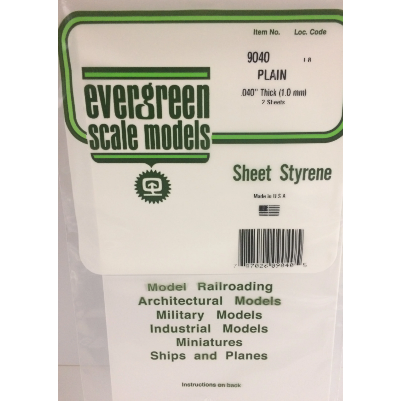 Evergreen Scale Models Evergreen 9040 - .040" (1.0MM) X 6" X 12" PLAIN OPAQUE WHITE POLYSTYRENE (2) SHEETS