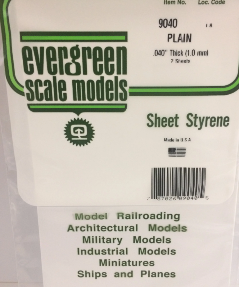 Evergreen Scale Models Evergreen 9040 - .040" (1.0MM) X 6" X 12" PLAIN OPAQUE WHITE POLYSTYRENE (2) SHEETS