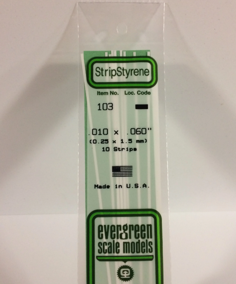 Evergreen Scale Models Evergreen 103 - .010" X .060" X 14" OPAQUE WHITE POLYSTYRENE STRIP (10) Pack