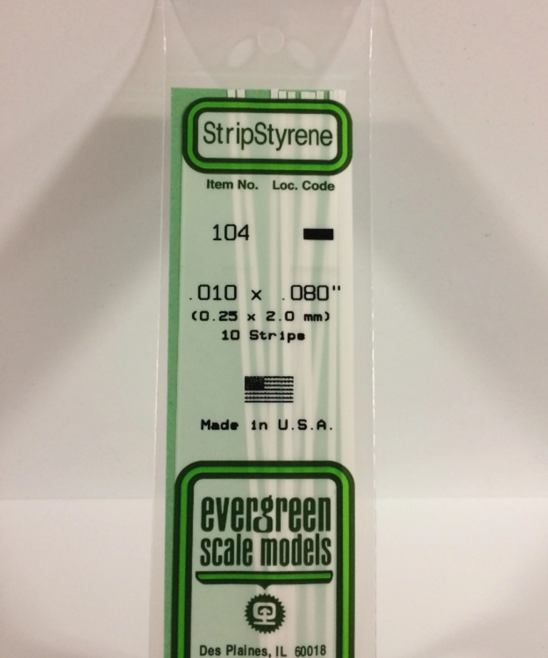 Evergreen Scale Models Evergreen 104 - .010" X .080" X 14" OPAQUE WHITE POLYSTYRENE STRIP (10) Pack