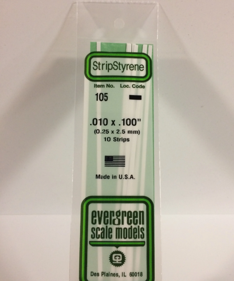 Evergreen Scale Models Evergreen 105 - .010" X .100" X 14" OPAQUE WHITE POLYSTYRENE STRIP (10) Pack