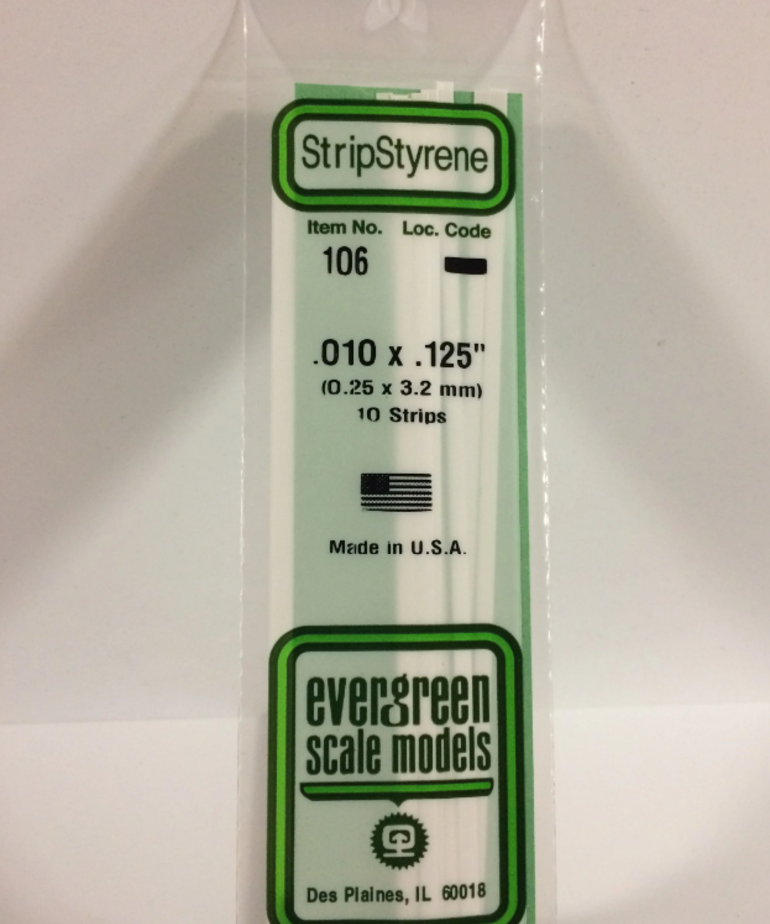 Evergreen Scale Models Evergreen 106 - .010" X .125" X 14" OPAQUE WHITE POLYSTYRENE STRIP (10) Pack