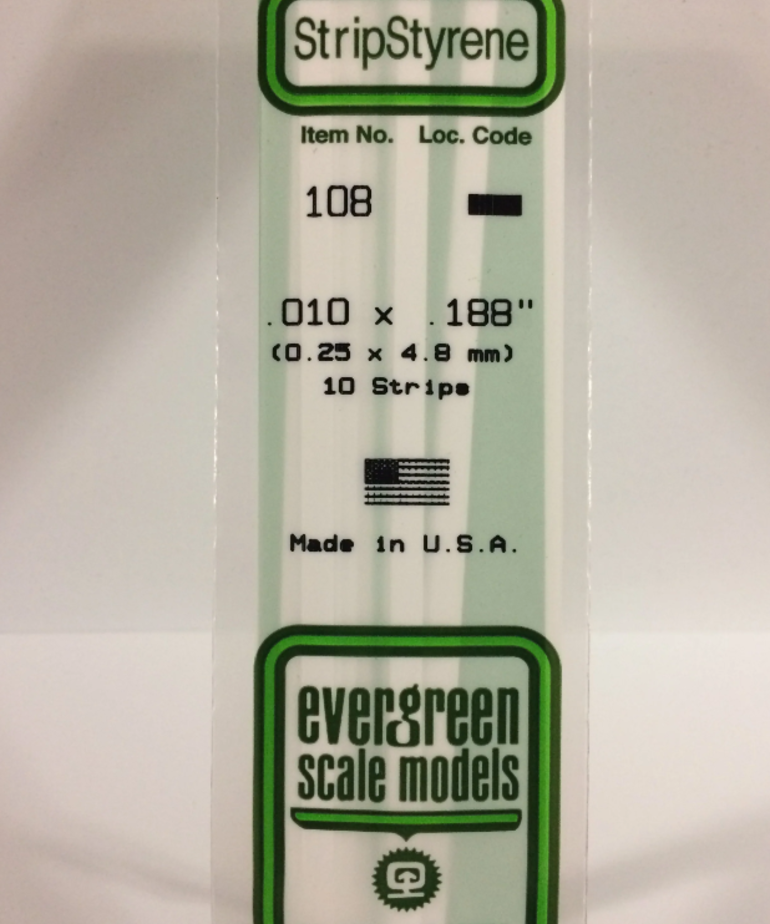 Evergreen Scale Models Evergreen 108 - .010" X .188" X 14" OPAQUE WHITE POLYSTYRENE STRIP (10) Pack