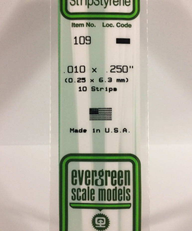 Evergreen Scale Models Evergreen 109 - .010" X .250" X 14" OPAQUE WHITE POLYSTYRENE STRIP (10) Pack